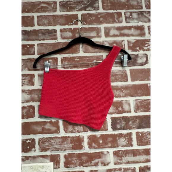 NWOT Babaton Aritzia Sculpt Knit Ribbed One Shoulder Cropped Tank Pink Small - Picture 2 of 9